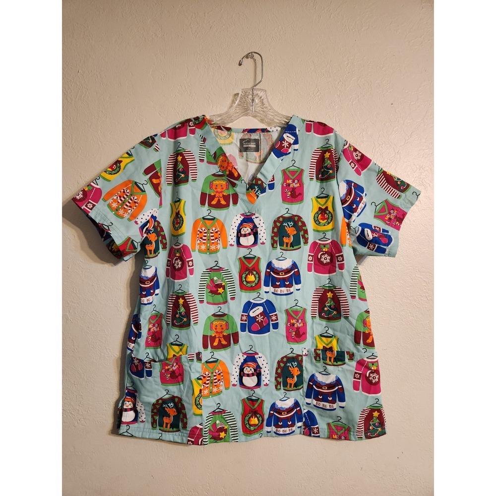 Butter-Soft Originals Holiday Scrub Top Women's Size Large V-Neck Christmas...